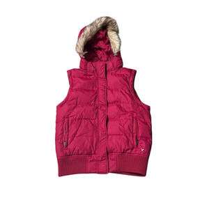 Y2K American Eagle Red Puffer Vest Faux Fur Hood Women’s Small Minimum 90% Down